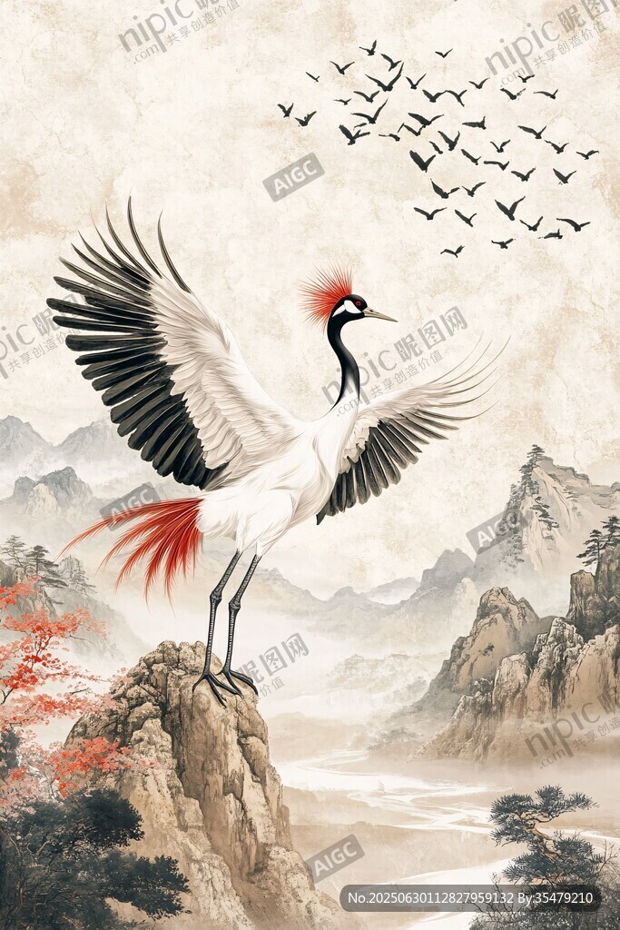 丹顶鹤展翅于山水之间