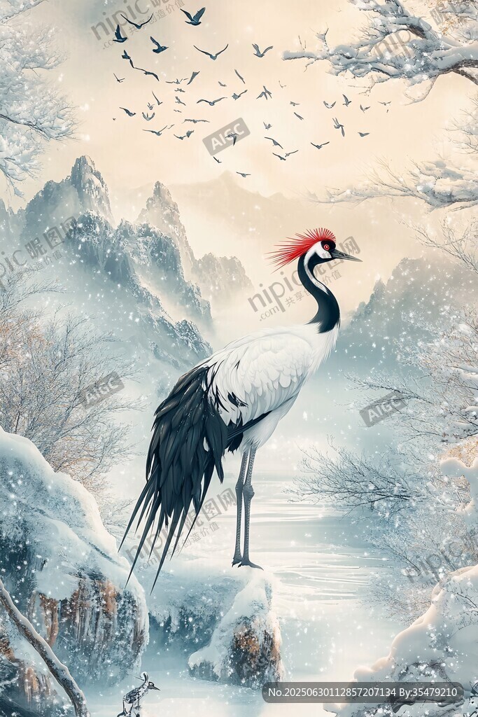 雪中山水间的优雅丹顶鹤