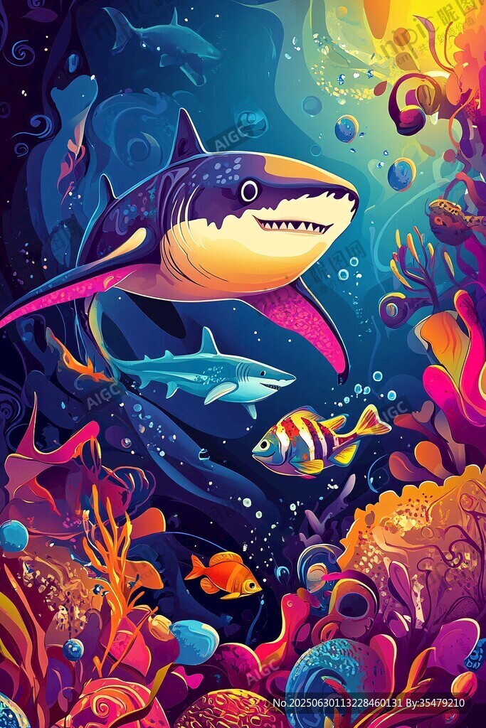 梦幻海底世界中的鲨鱼与鱼