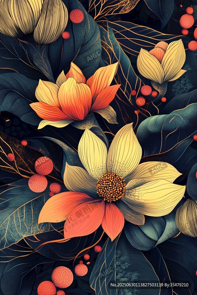 梦幻花卉插画 色彩绚丽绽放