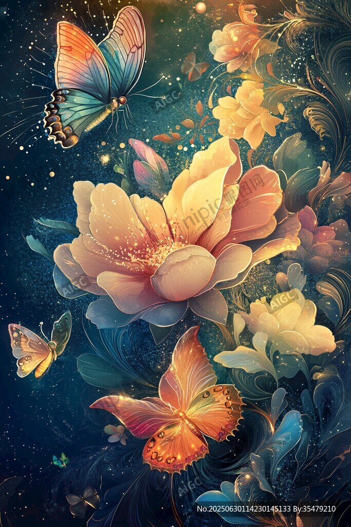 梦幻花卉与灵动蝴蝶
