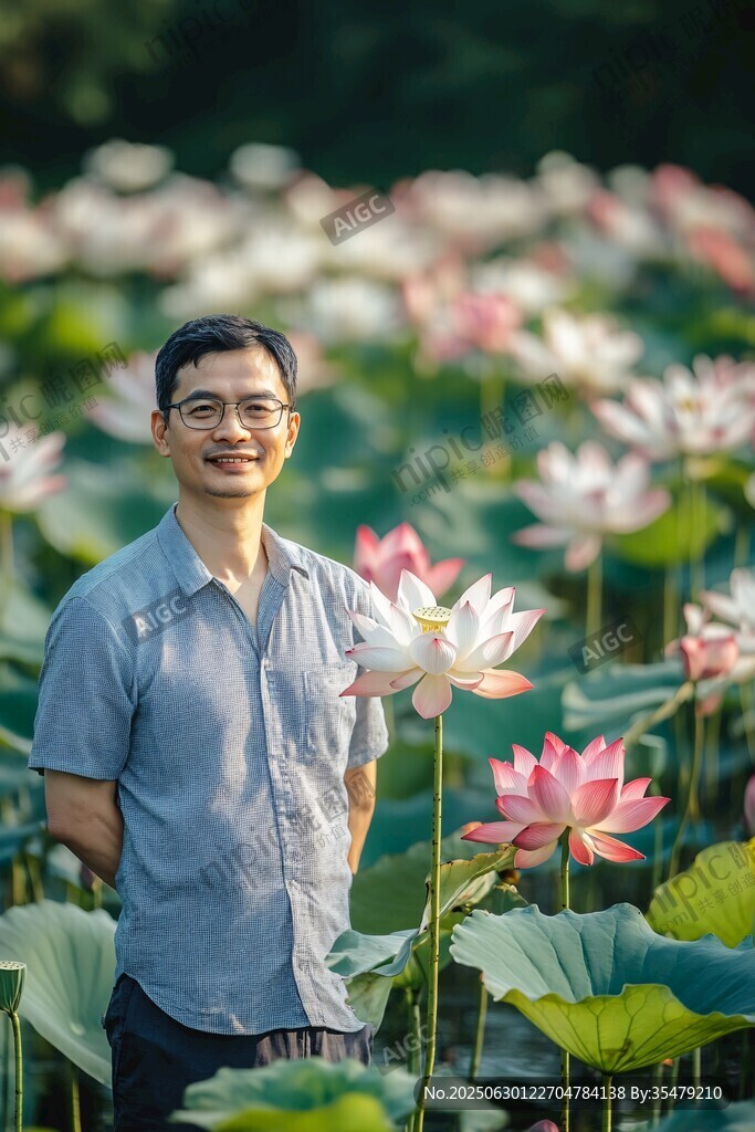 男子笑立荷花丛中