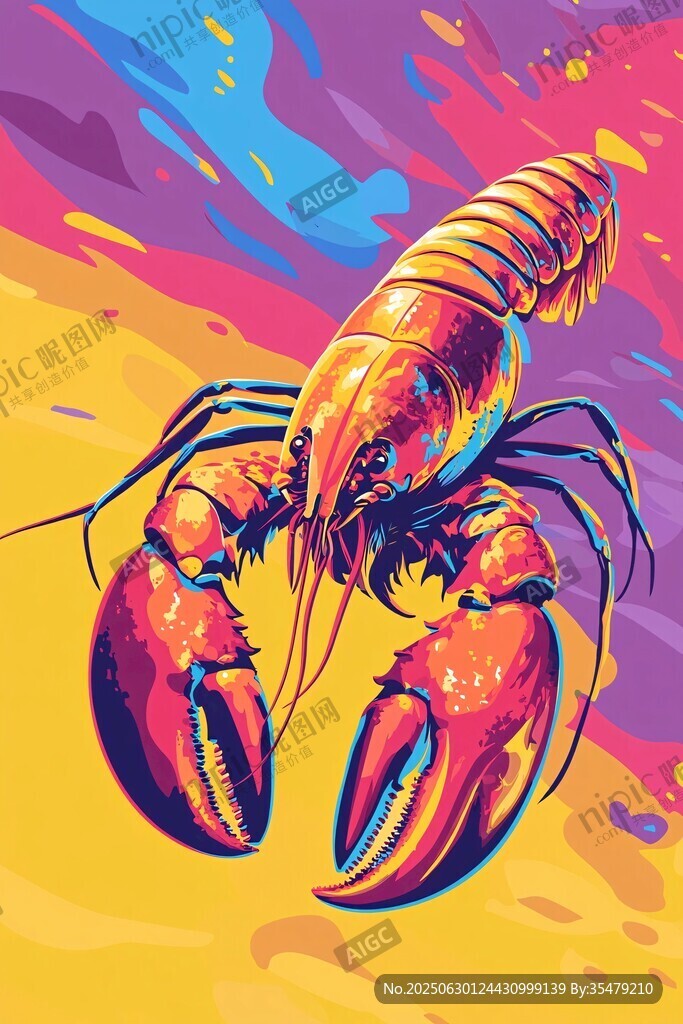 色彩绚丽的动感龙虾插画