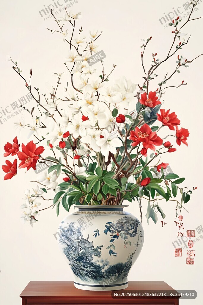 青花瓷瓶中的花卉插花