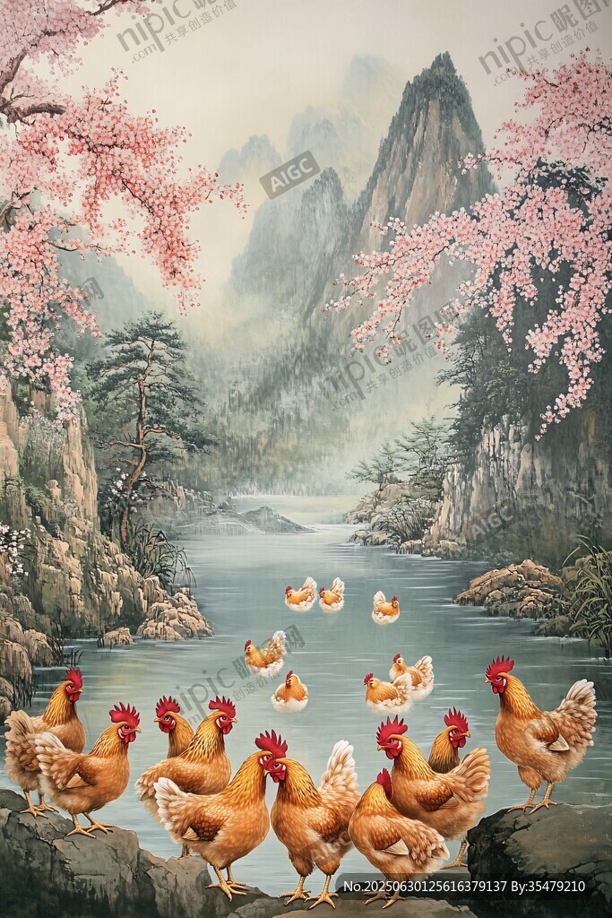 春景群鸡图