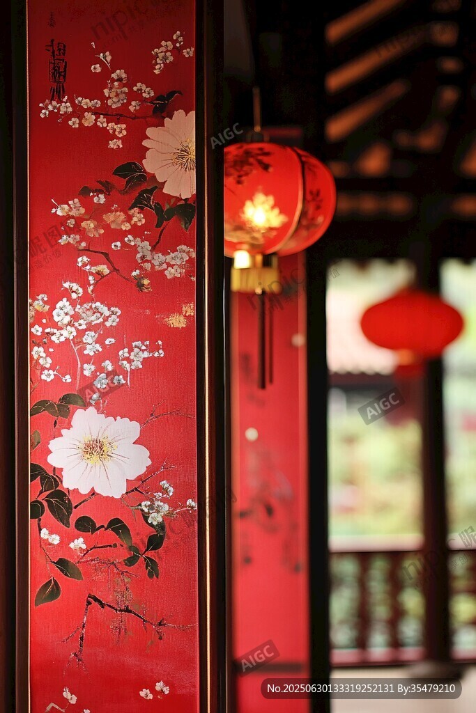 中式红墙花卉与红灯笼