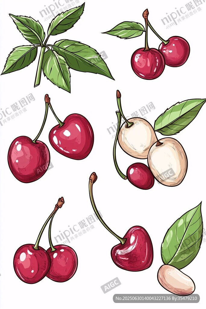 樱桃果实与叶片插画素材
