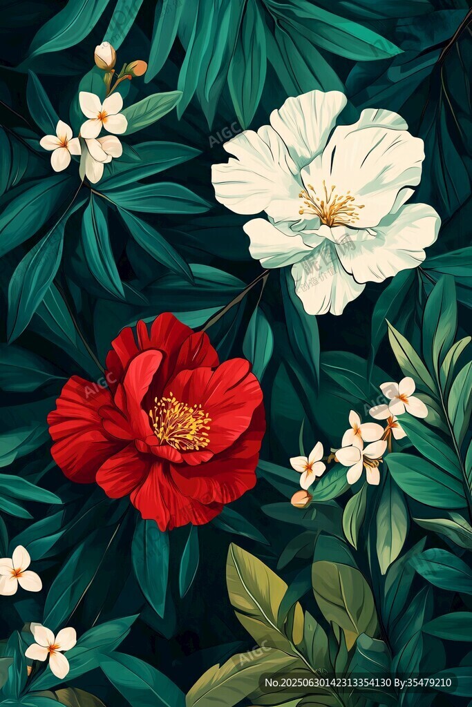 红白花与绿叶的植物图案
