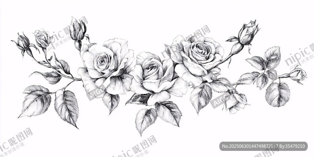 手绘黑白玫瑰花卉图案
