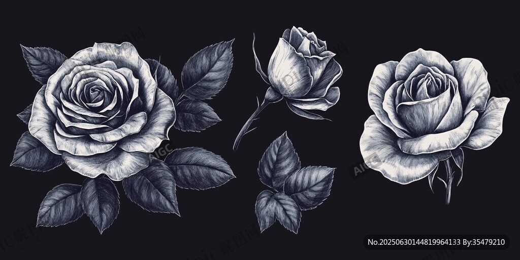 黑白玫瑰插画图案设计