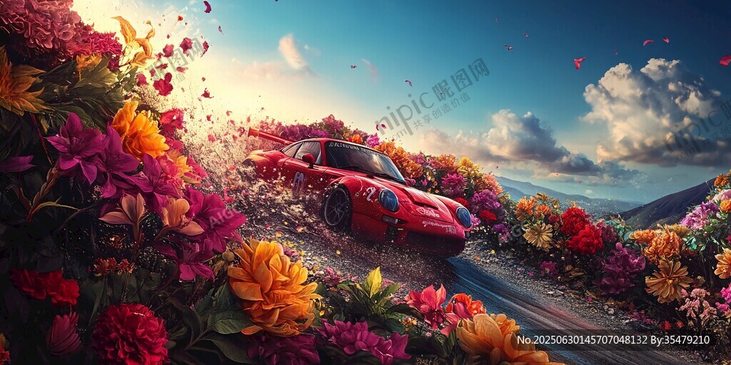 红色跑车穿行绚烂花海