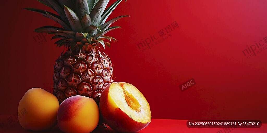 红底上的菠萝与鲜桃