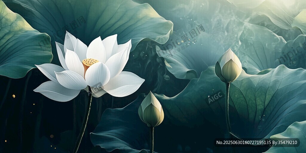 梦幻白莲绽于翠绿莲叶间