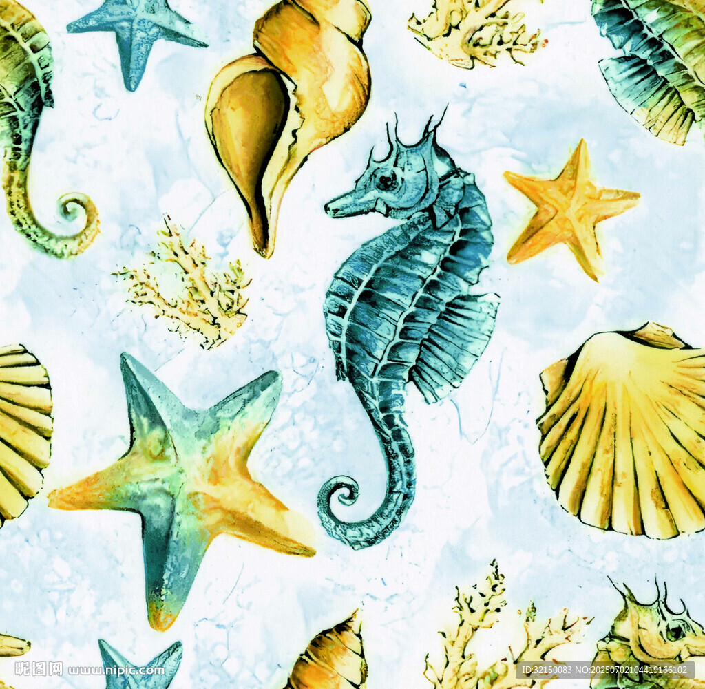 海洋生物水彩无缝图案