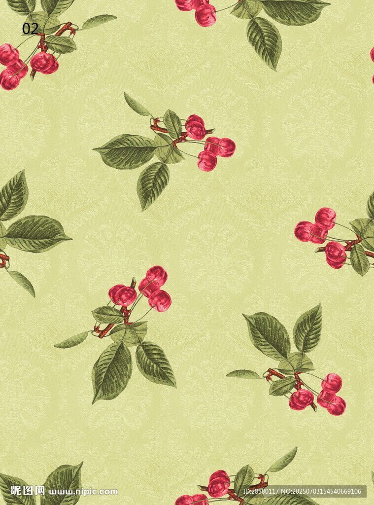 浅绿色底樱桃花卉图案