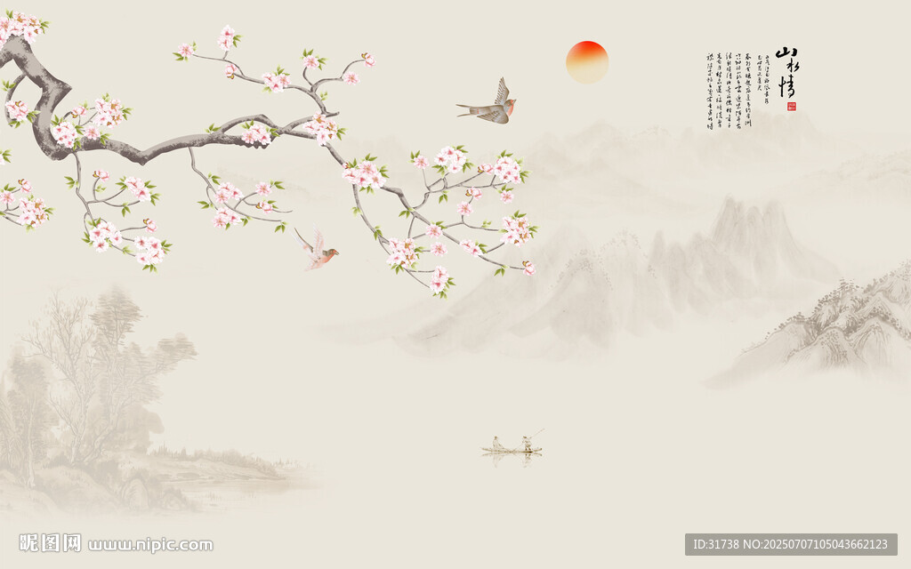 新中式工笔花鸟画背景墙