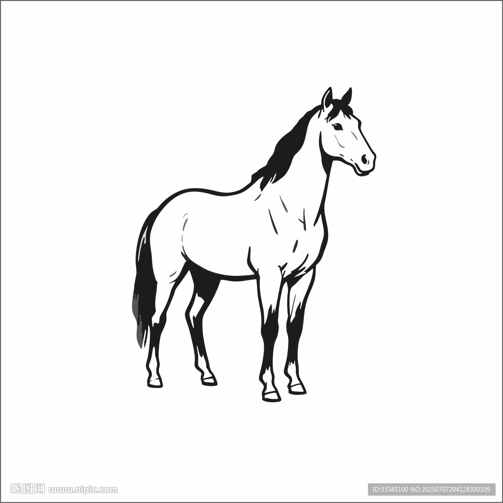 简约线条风格黑白马手绘插画矢量