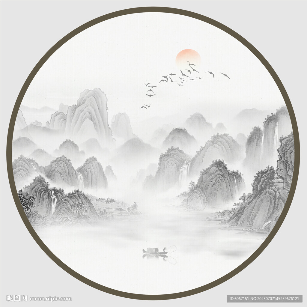 圆形水墨风景画