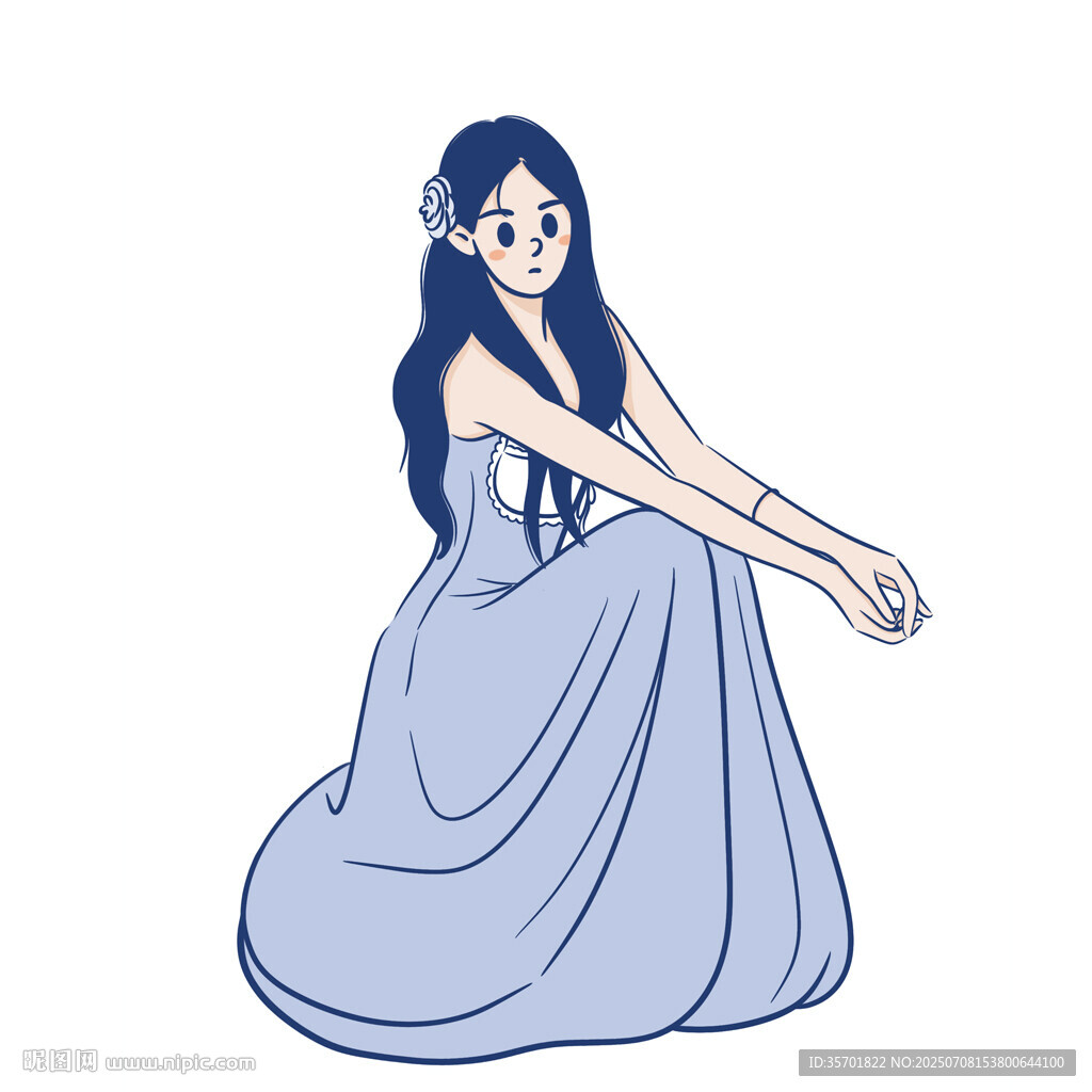 优雅蓝裙女子坐姿插画