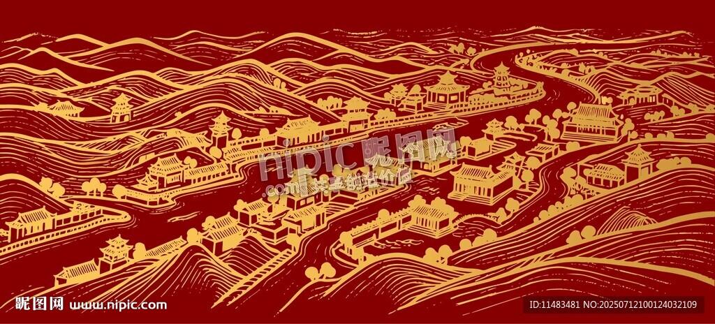 中国风村庄部落村子线描背景