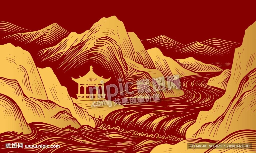 线描古风山水画河流背景