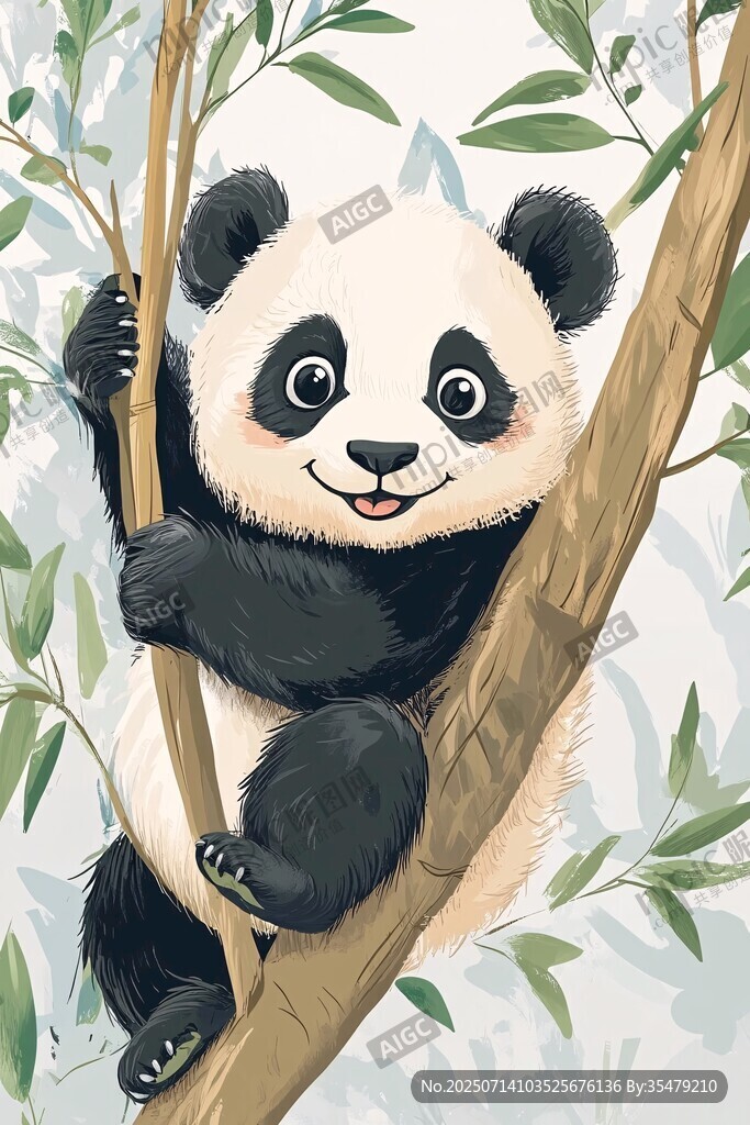 可爱熊猫树上快乐玩耍