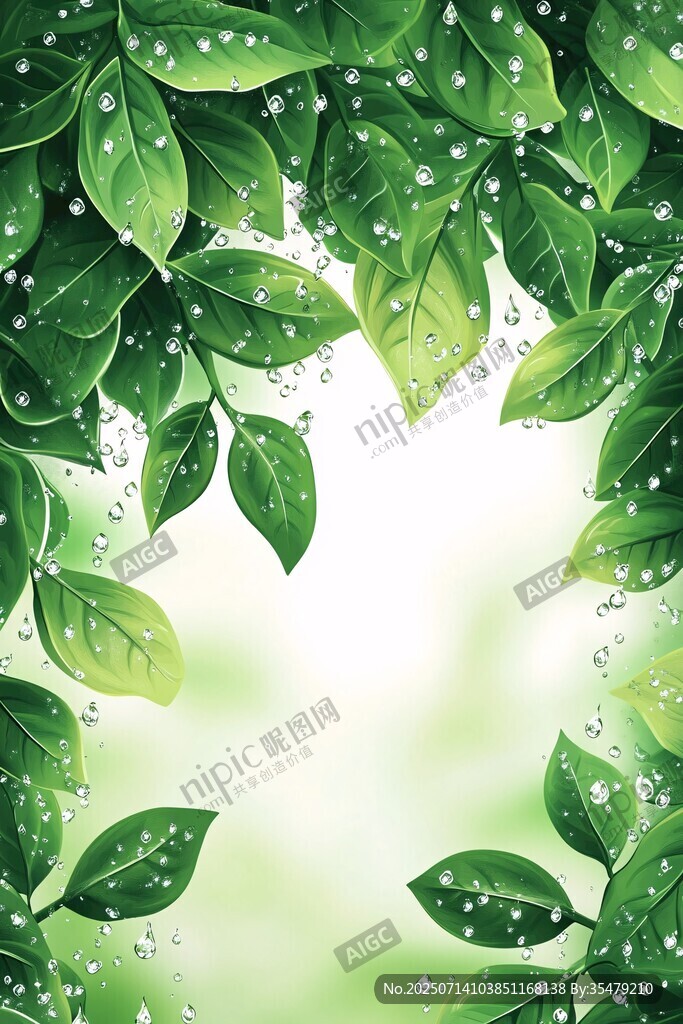 清新绿叶带水珠背景图