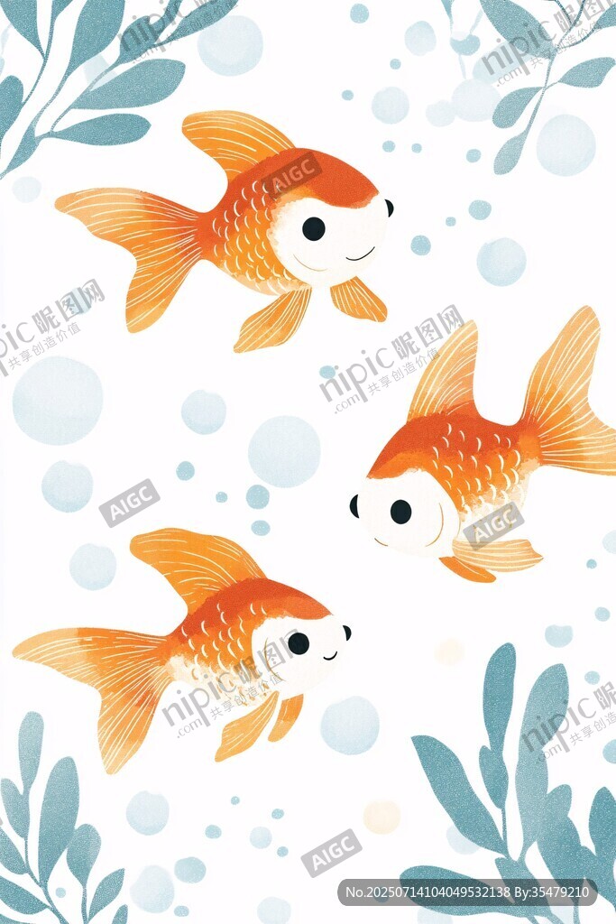 水中金鱼与绿植可爱插画