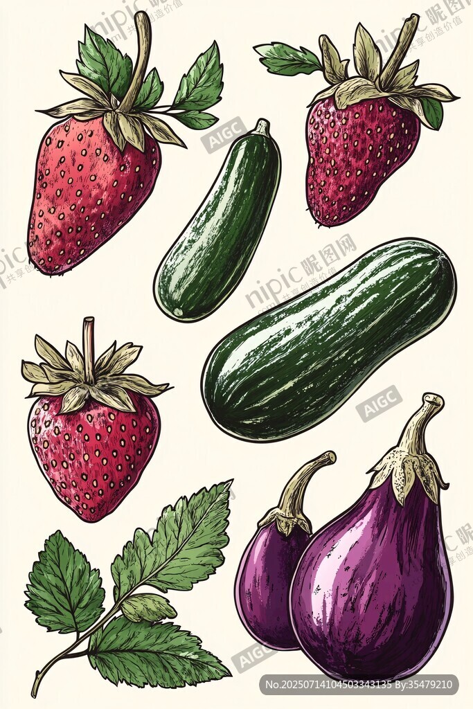 草莓黄瓜茄子插画素材