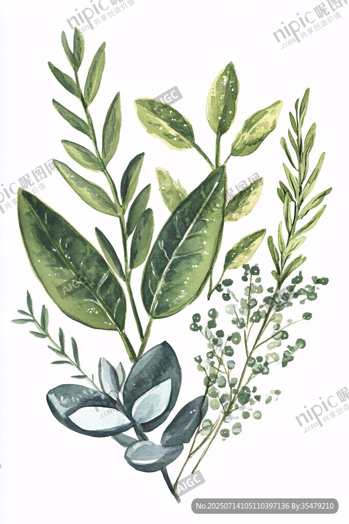 手绘清新绿植组合插画