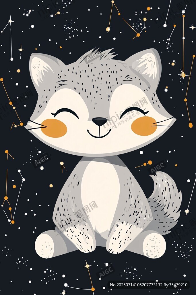 可爱灰狐坐于星空之下