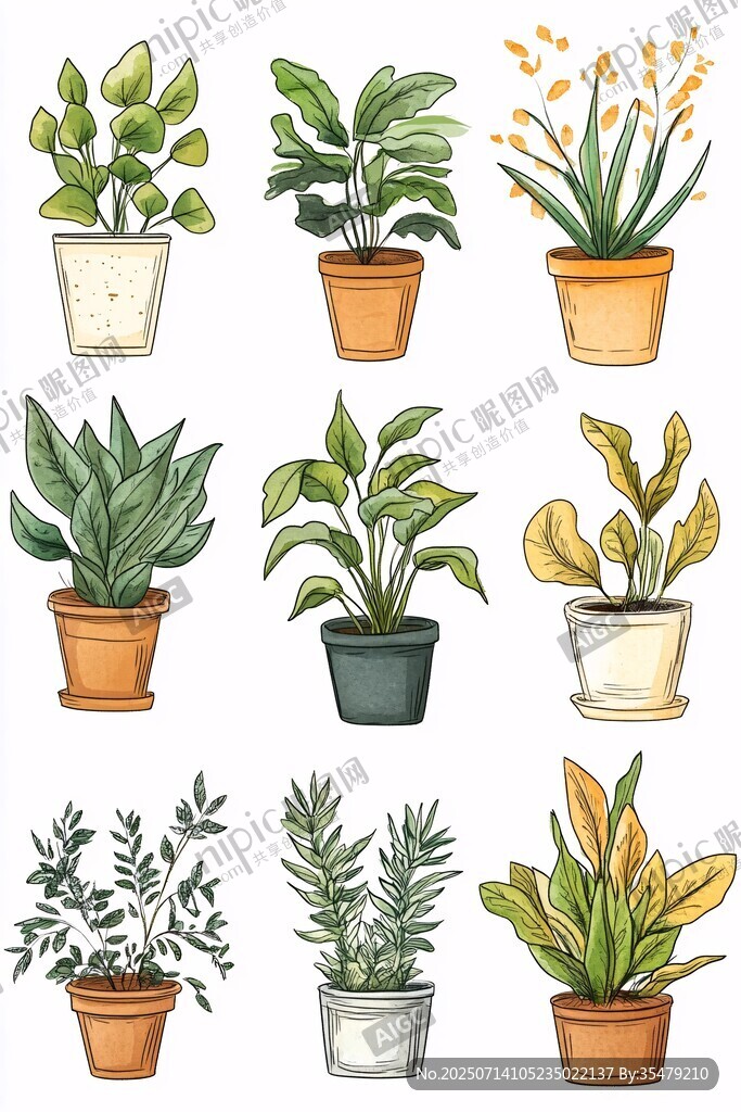 手绘盆栽植物插画集合