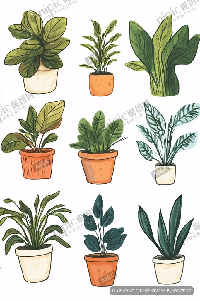 手绘盆栽植物集合