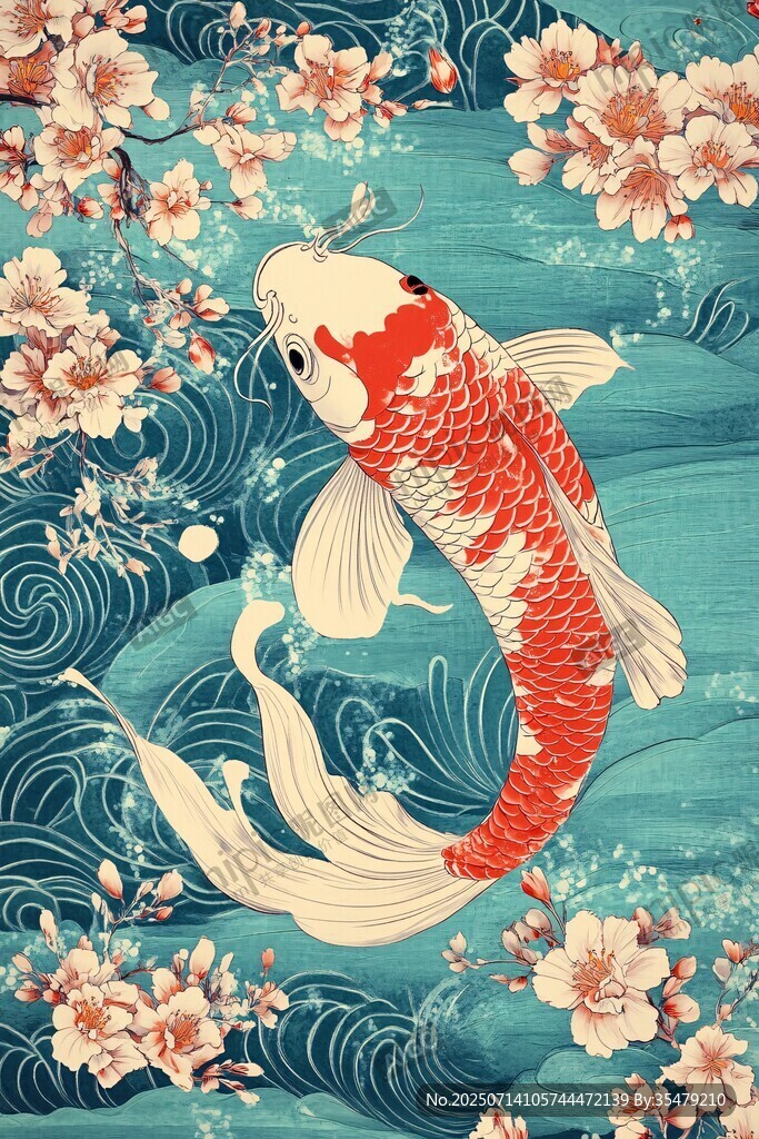 锦鲤游于繁花波浪间