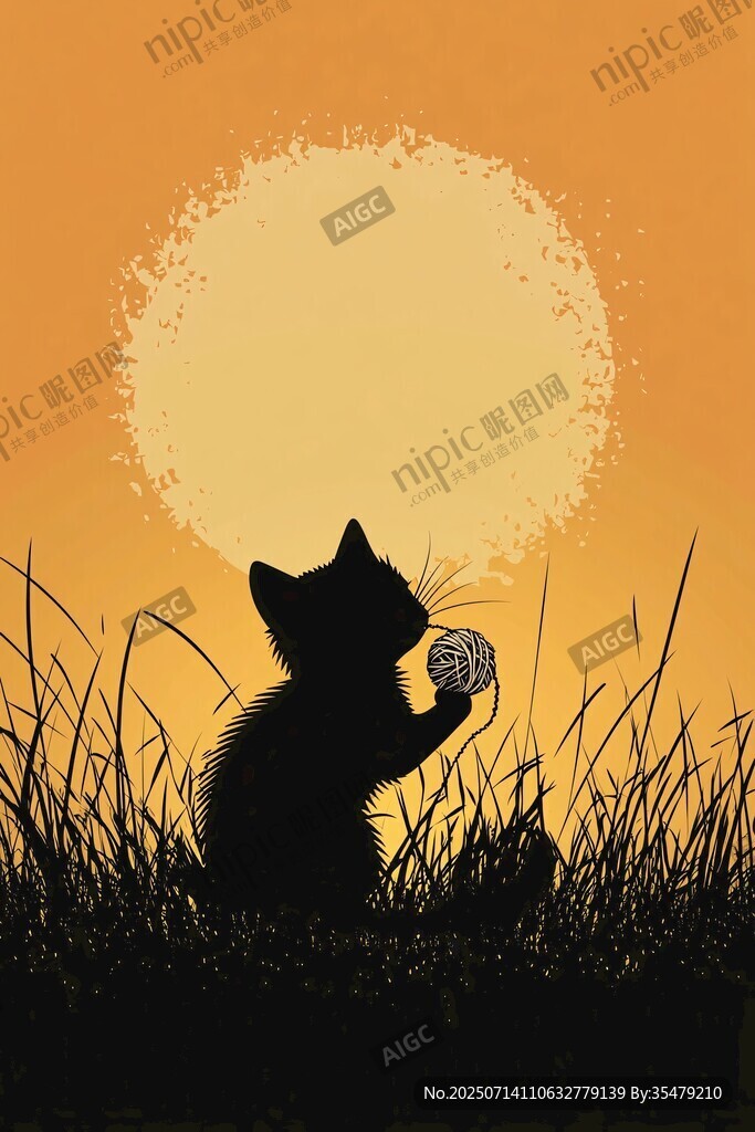 夕阳下小猫玩球的剪影