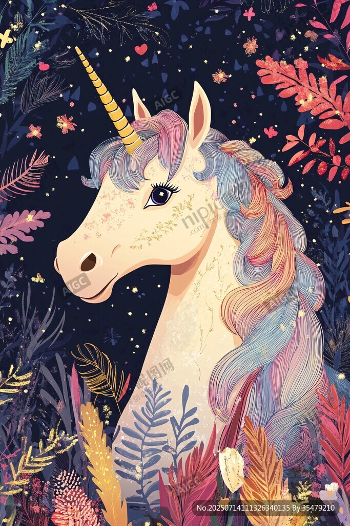 梦幻独角兽置身奇幻植物中