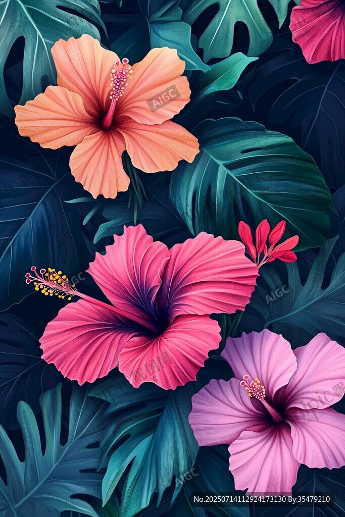 缤纷木槿与热带叶片插画