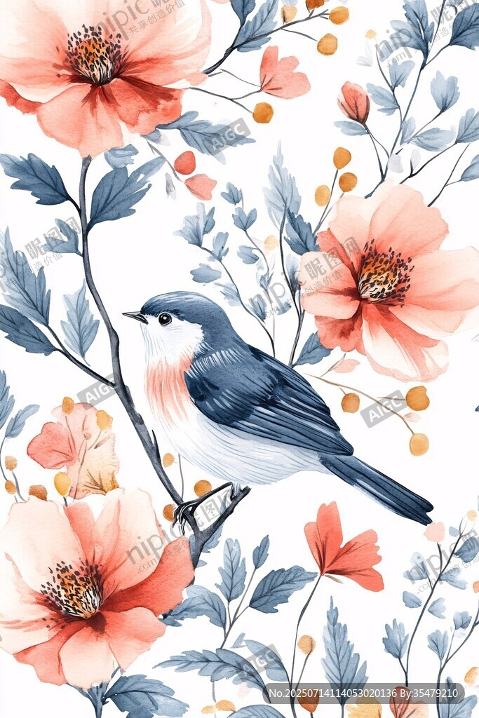 花鸟水彩插画 清新自然风