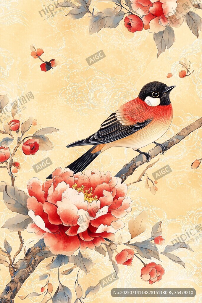 花鸟图 枝头雀与盛开牡丹