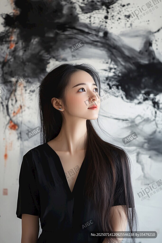 水墨背景下的优雅长发女子
