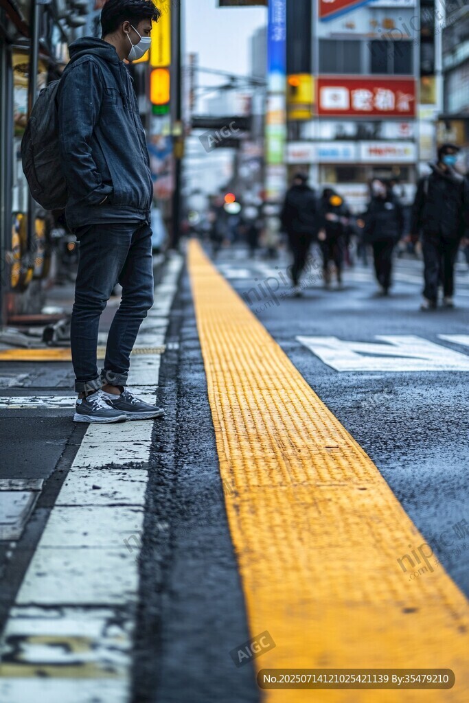 街头男子伫立在黄色盲道旁