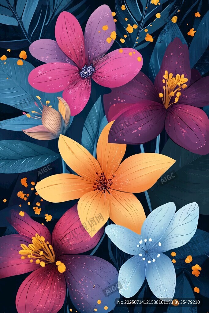 梦幻多彩花卉插画