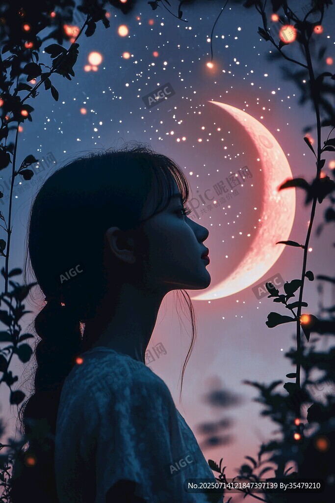 少女仰望梦幻星月夜景