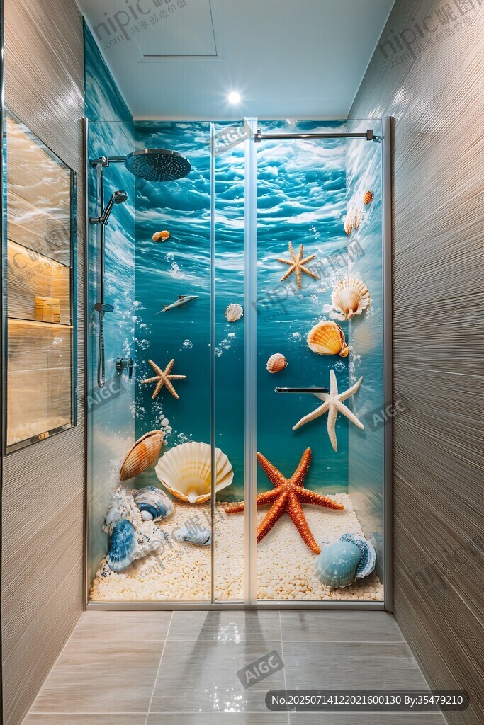 海洋风浴室玻璃门装饰画