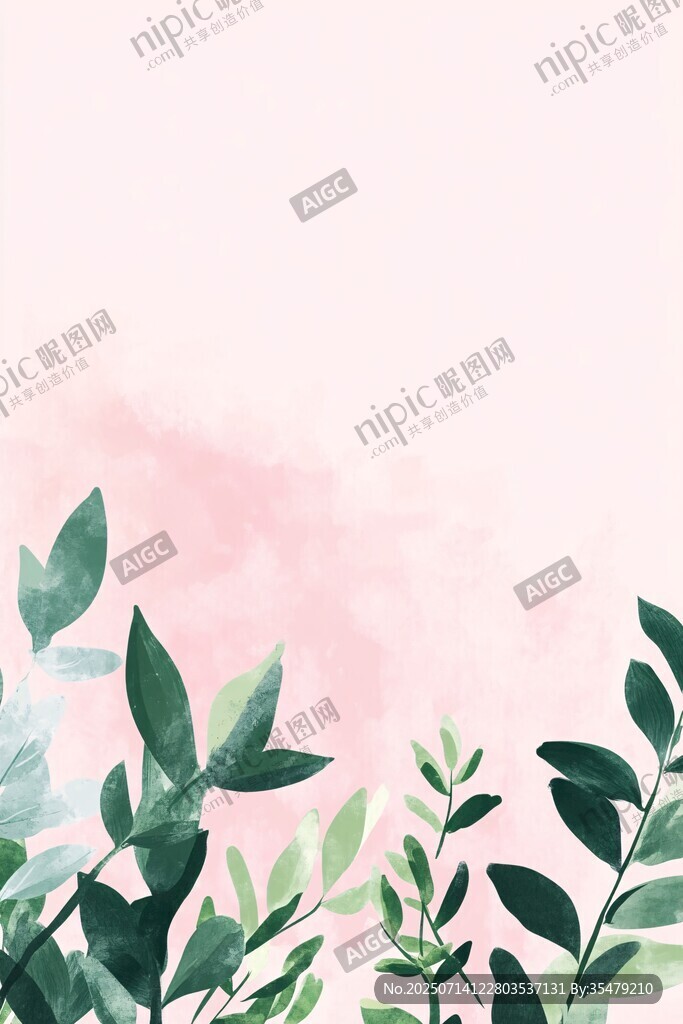 粉色背景下的清新绿叶