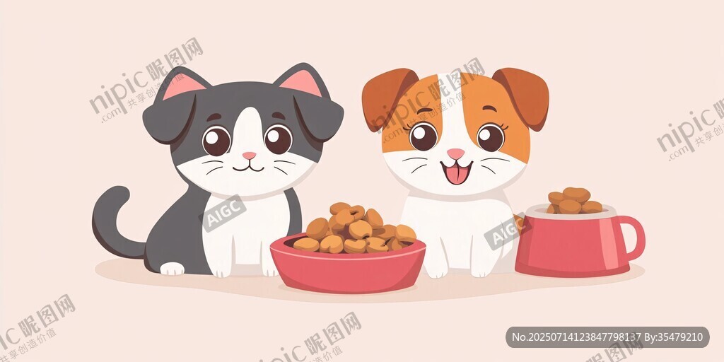 可爱猫狗享用美味宠物食品