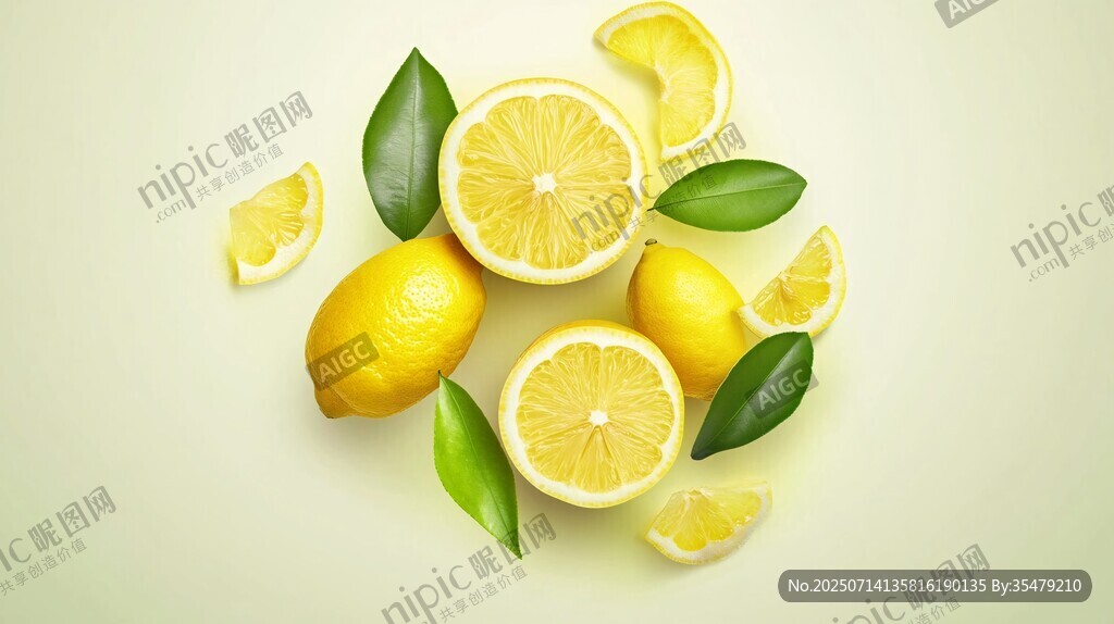 新鲜柠檬与绿叶的清新组合