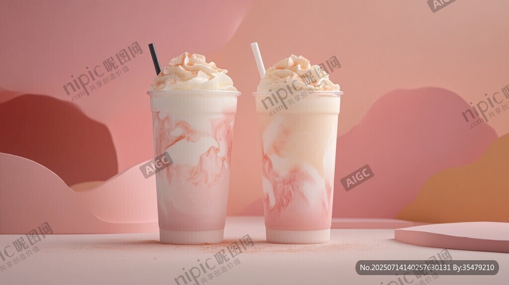 两杯精美粉色系奶油饮品