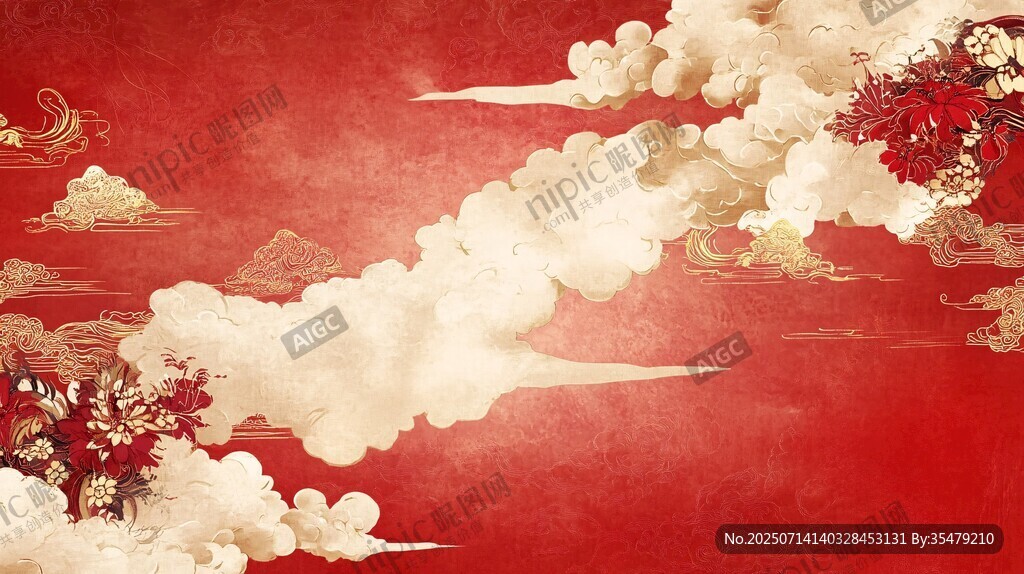 中式红底云纹花卉背景图