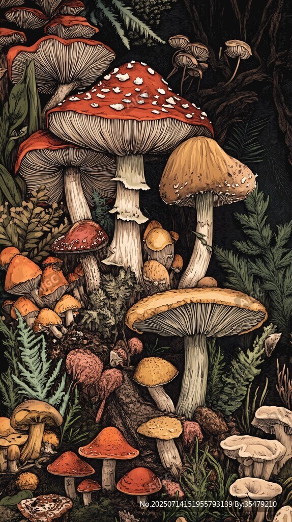 奇幻森林中的多彩蘑菇群